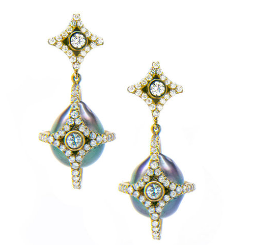 Jordan Alexander Diamond Caged Baroque Tahitian Pearl earrings