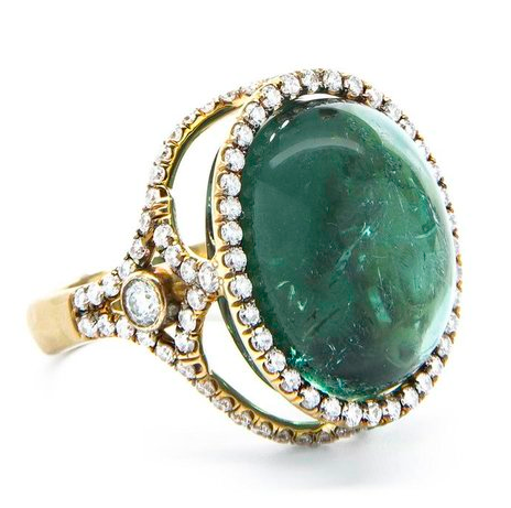 Jordan Alexander 18k Gold and Diamond Caged Green Tourmaline ring with double diamond row