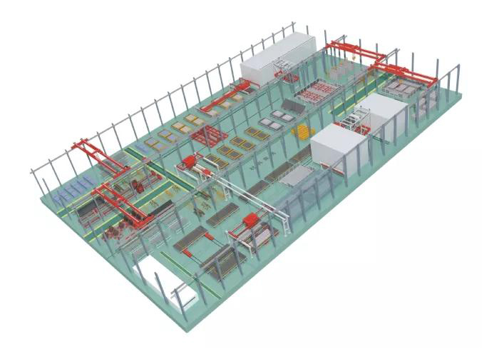 中央摆渡式混凝土预制构件生产线:pc工厂厂房主体结构设计为3跨连体门