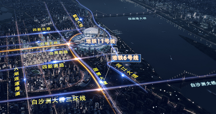 北通二环线杨泗港大桥,鹦鹉洲大桥,南接白沙洲大桥三环线,长江岸线